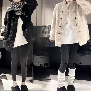 韩系双排扣毛绒外套女宽松中长款加厚皮毛一体大衣慵懒风休闲时尚