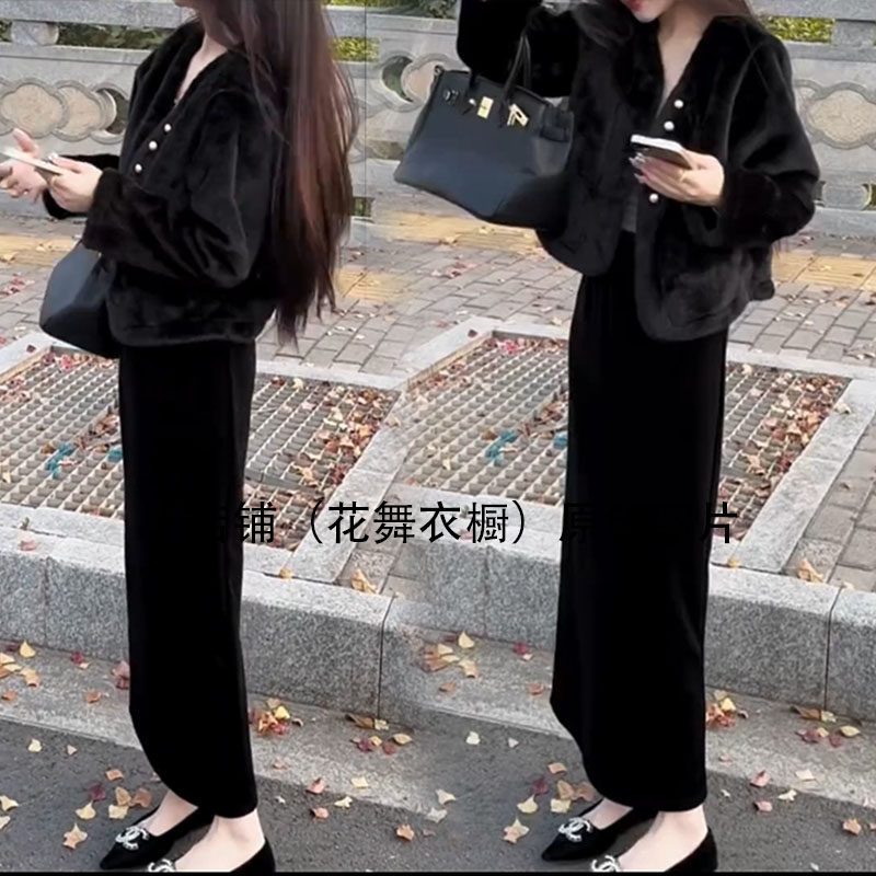 2025秋冬新款时尚套装女黑色长袖外套环保皮毛一体短上衣开衫显瘦