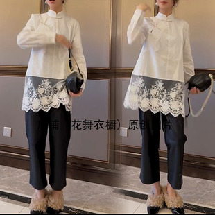 精致感新中式立领盘扣衬衫女蕾丝拼接长袖显气质白领穿搭复古时尚