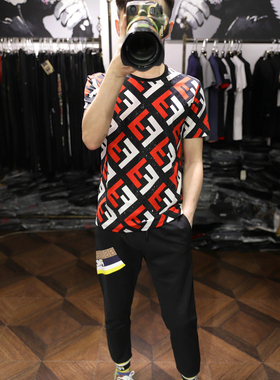 米兰站时尚潮牌前后字母满印烫钻丝光棉夏季男士圆领修身短袖T恤