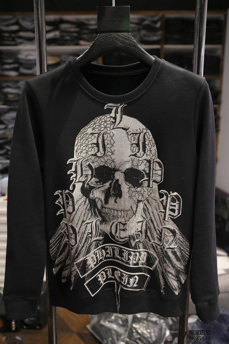 米兰站欧洲暗黑骷髅休闲修身圆领黑色烫钻时尚个性潮卫衣男青年