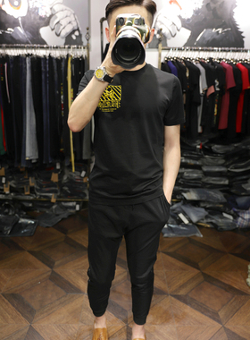 时尚欧洲潮牌暗黑骷髅风数码前后印花烫钻黑色圆领修身短袖T恤男