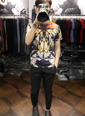 米兰站时尚欧洲潮流数码前后满印丝光棉花色圆领修身短袖T恤男