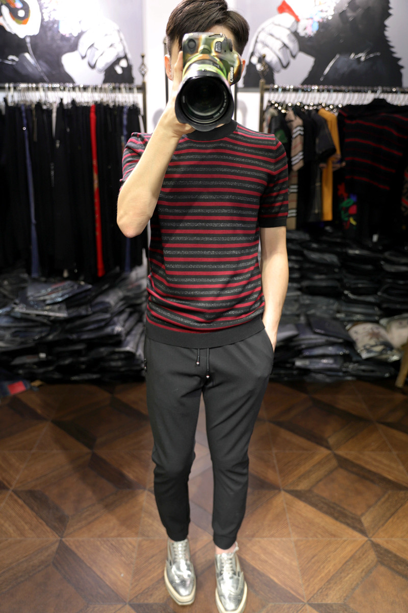 米兰站时尚个性撞色条纹优质天丝羊毛舒适修身圆领男士短袖针织衫