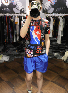 时尚街潮暗黑骷髅风篮球主题前后数码满印圆领修身短袖T恤男