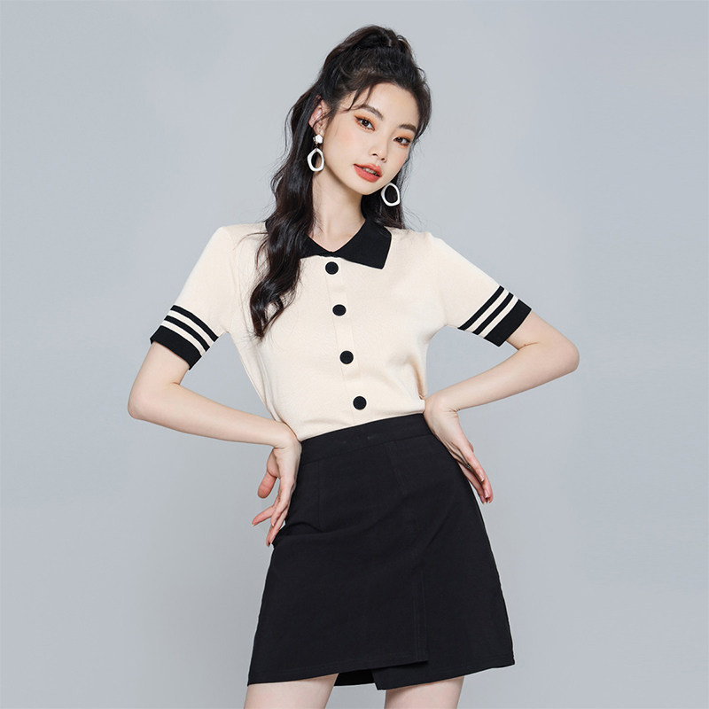 美丽衣橱夏季短袖polo衫女2023新款小香风气质套装裙半身裙两件套