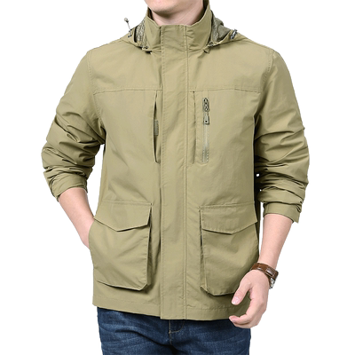 JPDUN可脱卸帽春秋宽松多袋夹克