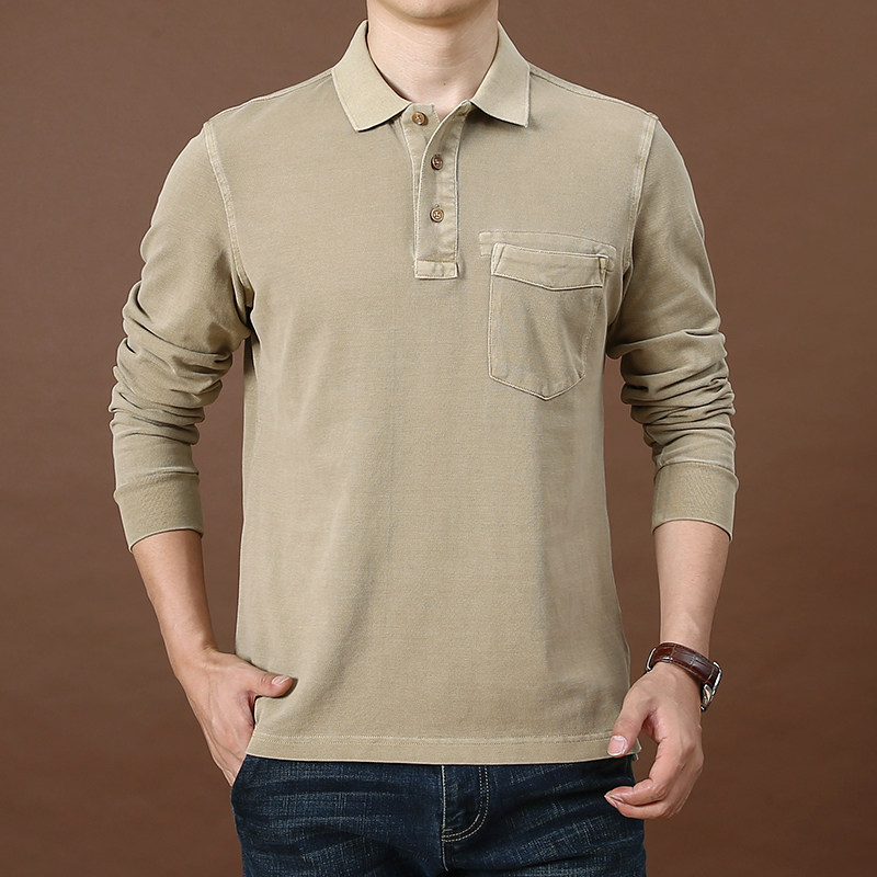 翻领长袖T恤男士大码纯棉宽松POLO衫秋季时尚纯色厚款上衣体恤