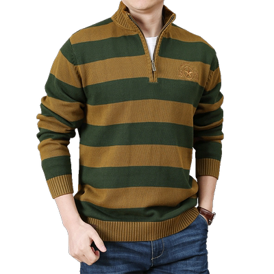 条纹胖子大码立领半拉链针织衫