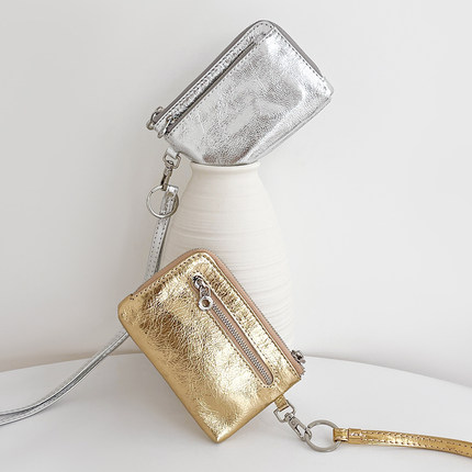 挂脖小包质感配饰网红金银色装饰小钱包真皮零钱包女款挂绳钥匙包