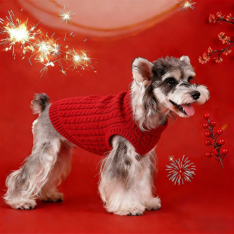 狗狗新年衣服冬天加厚保暖冬季毛衣麻花红色拜年服针织衫春节元旦
