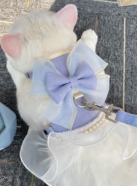 珍珠雪纺胸背带牵引绳蓝色大蝴蝶结牵背心式出行仙女风布偶猫可爱