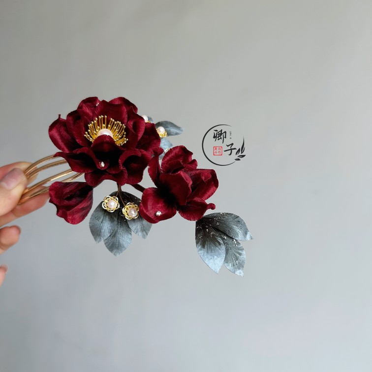 『踏江歌』卿子手作原創(chuàng)設(shè)計(jì)絨花暗夜玫瑰非遺絨花古風(fēng)Lolita發(fā)飾