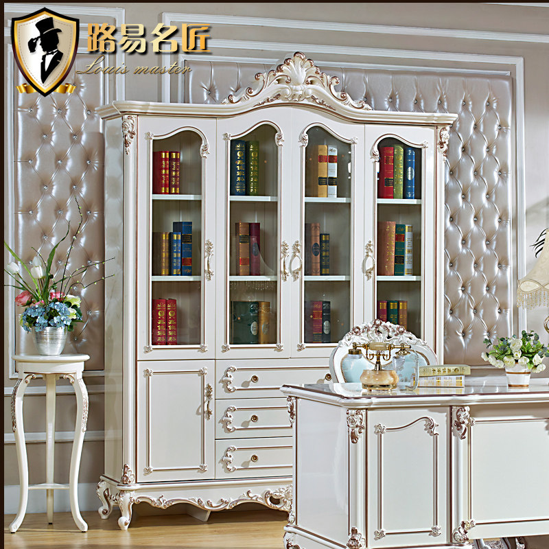 路易名匠欧式书柜四门三门白色描金法式书房带门大容量书架储物柜