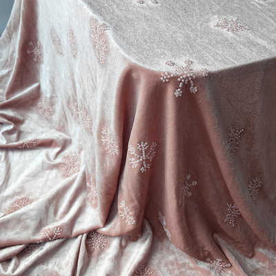 原创高档金丝绒钉珠雪花布料弹力韩国绒礼服面料手工重磅旗袍服装