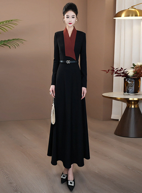 清仓黑色连衣裙女长袖高级感秋季穿搭2025新款收腰超长连身裙175