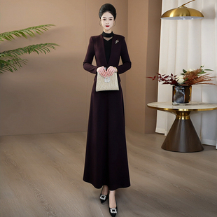 深紫色收腰修身假假两件长裙2025重要场合超好看的冬装连衣裙248