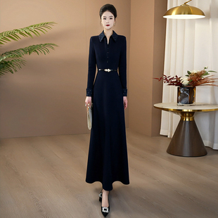 藏蓝色收腰假两件保暖长裙2025重要场合超好看的冬装连衣裙260