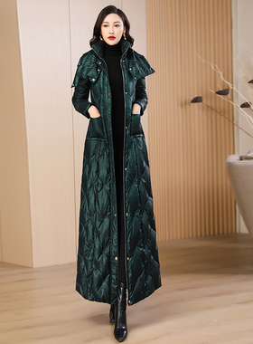 墨绿色羽绒服女气质冬新款刺绣收腰白鸭绒保暖超长款过膝外套6197
