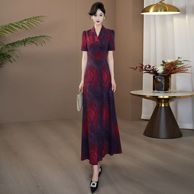 收腰短袖大摆长裙连衣裙