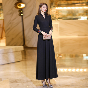 清仓黑色冬天连衣裙女长袖高级感新款修身显瘦超长裙到脚踝1828