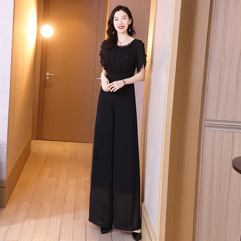 黑色连体裤轻奢高级感高档女夏长款气质连身裤收腰雪纺阔腿裤2110