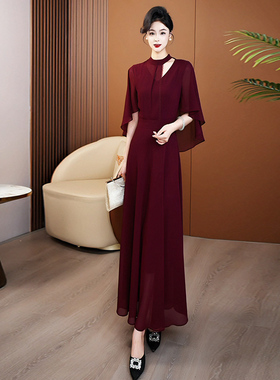 酒红色薄纱长裙女夏裙子2025款今年流行爆款高级感气质连衣裙099