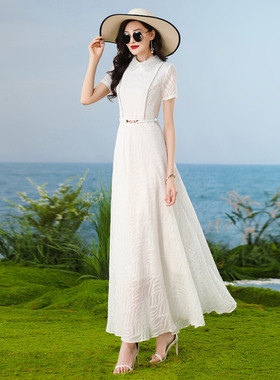 御姐风白色连衣裙气质收腰显瘦2026夏新款超长款雪纺大摆裙1667