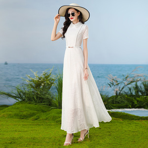 御姐风白色连衣裙气质收腰显瘦2026夏新款超长款雪纺大摆裙1667