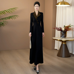 藏蓝色收腰长袖连衣裙冬装高级感重要场合漂亮裙子气质长裙283