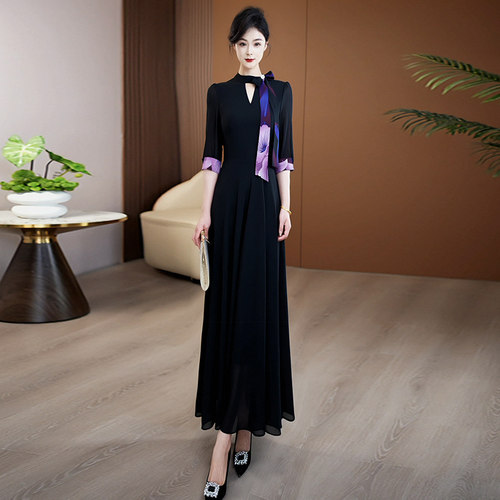 短袖收腰飘带大摆长裙薄纱