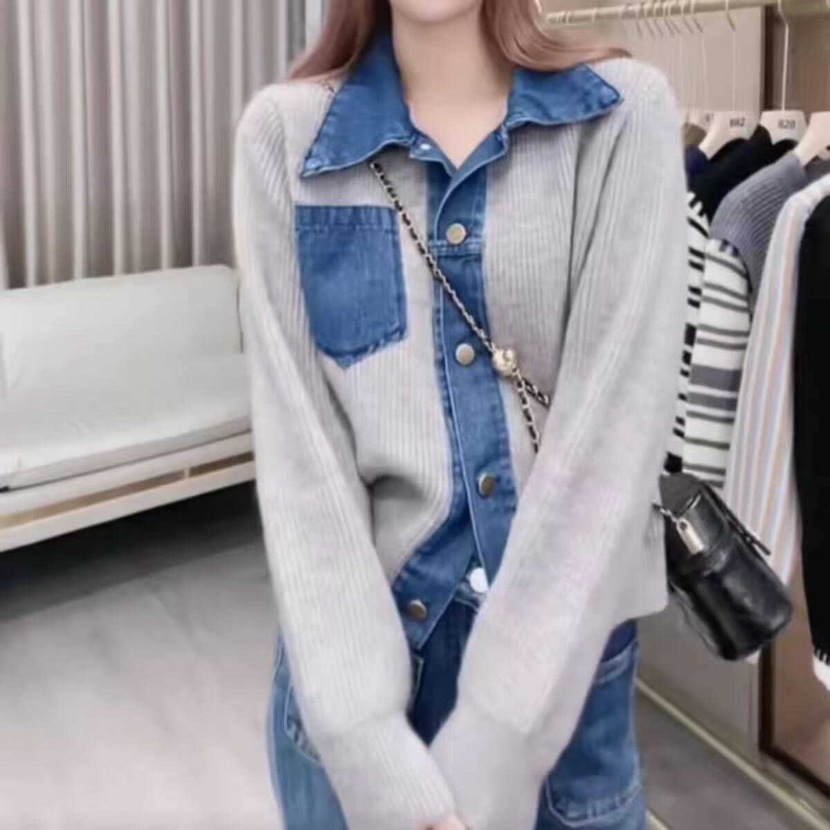 园园美衣牛仔拼接Polo领毛衣外套女25秋新款加厚针织开衫显瘦别致