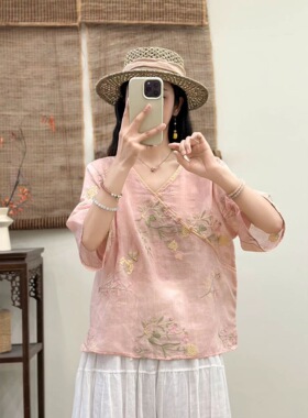 园园美衣季新品 苎麻刺绣小衫女 V领宽松文艺复古七分袖上衣 6527