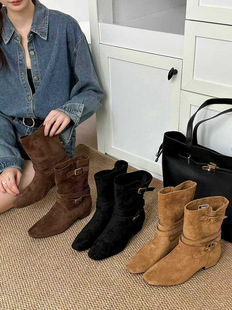 米新款 尖头短靴切尔西粗跟靴子瘦瘦靴女单靴8220 2025秋低矮跟法式