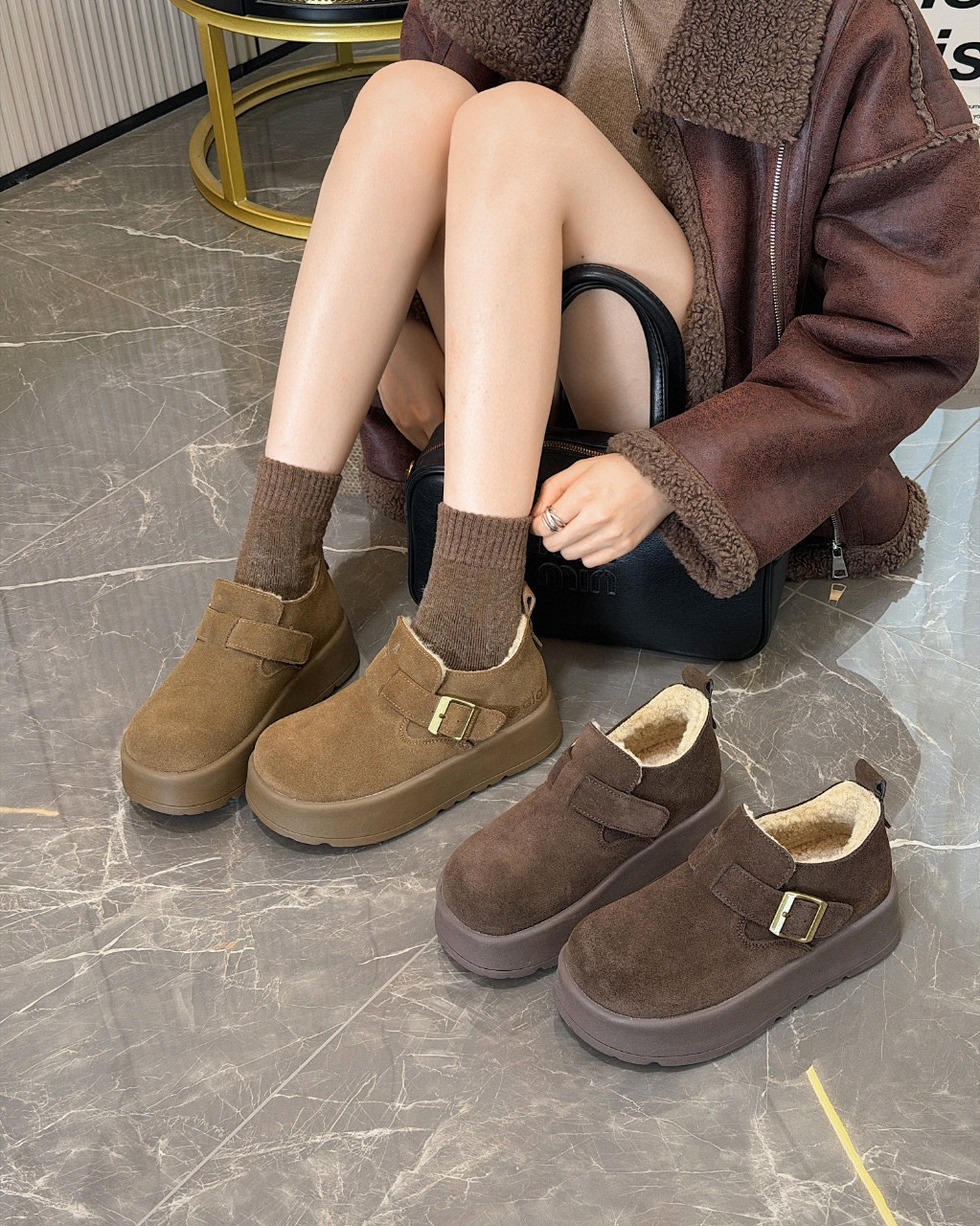米新款2025秋冬真皮羊羔毛厚底内增高勃肯鞋豆豆鞋雪地靴保暖女鞋