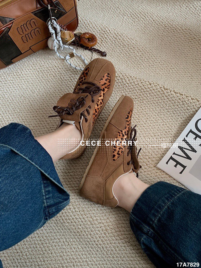 欧洲站2024秋款真皮豹纹平底系带德训鞋舒适运动休闲鞋女板鞋7829
