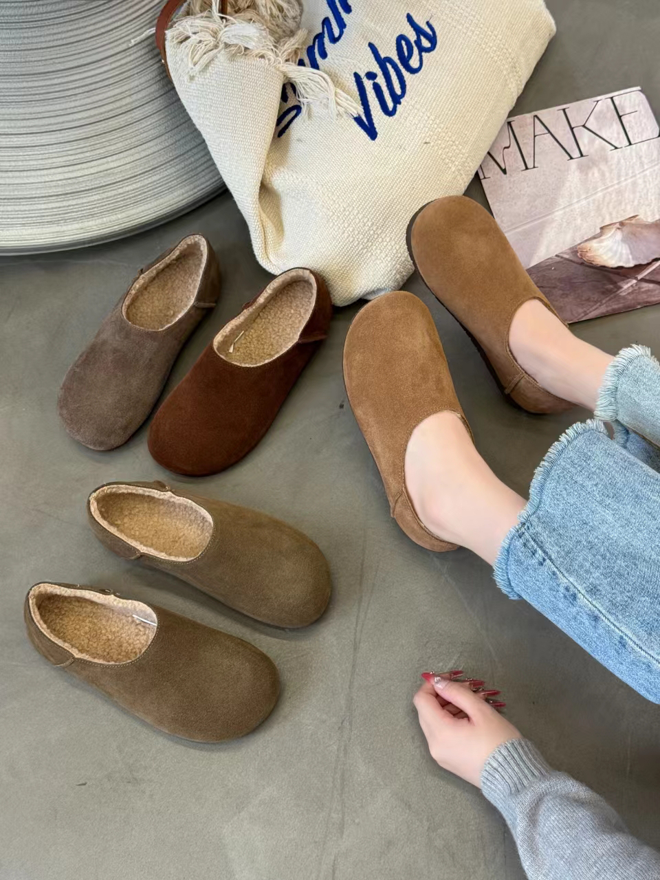 米新款2024秋冬真皮平底加绒吐司勃肯鞋豆豆鞋乐福鞋毛毛鞋女2265