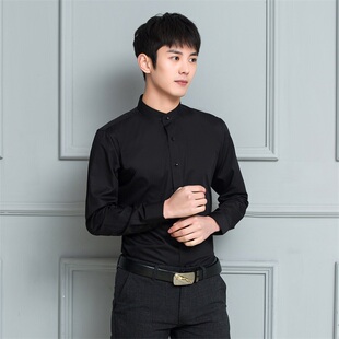 衬衫男长袖薄款商务正装韩版修身立领衬衣舒适透气白色工作服寸衫