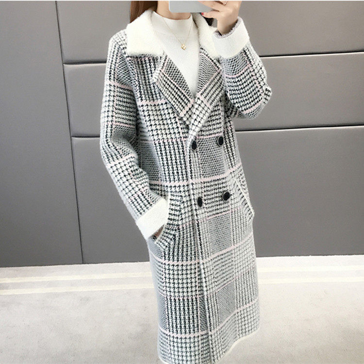 防貂绒外套毛衣开衫2019新款女装秋冬加厚大码格纹西装领针织大衣|msdalam kategori Butik wanita / wanita, sweater bulu - dari Buy2taobao.com untuk memberikan perkhidmatan ejen Taobao profesional membeli