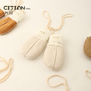 儿童手套冬季婴儿外出可爱保暖连指手套男女宝宝加厚针织挂脖手套