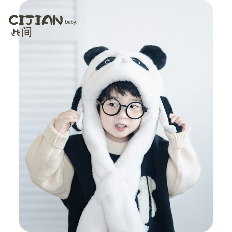 护耳帽围巾两件套毛绒熊猫一体帽
