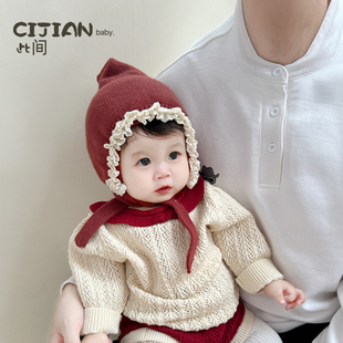 宝宝帽子秋冬季婴儿手工针织帽男宝女宝保暖套头帽儿童红色毛线帽