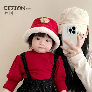 宝宝帽子秋冬季婴儿新年红色套头帽男宝女宝圣诞护耳帽儿童盆帽潮