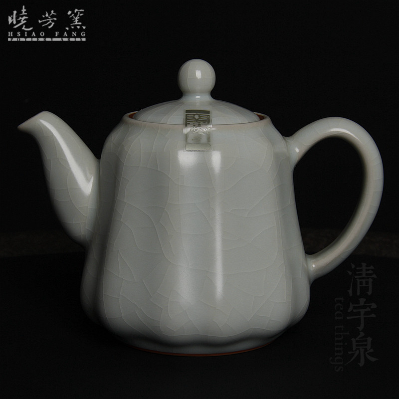 台湾蔡晓芳早期茶壶 汝窑天青菱线壶 晓芳窑汝瓷开片菱式壶收藏级