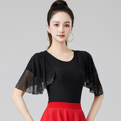 摩登舞上衣女2026新款成人拉丁舞练功短袖烫钻吉特巴跳舞蹈服装女