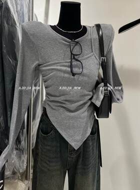 300斤大码胖mm秋冬季纯欲辣妹不规则长袖t恤女修身显瘦时尚打底衫