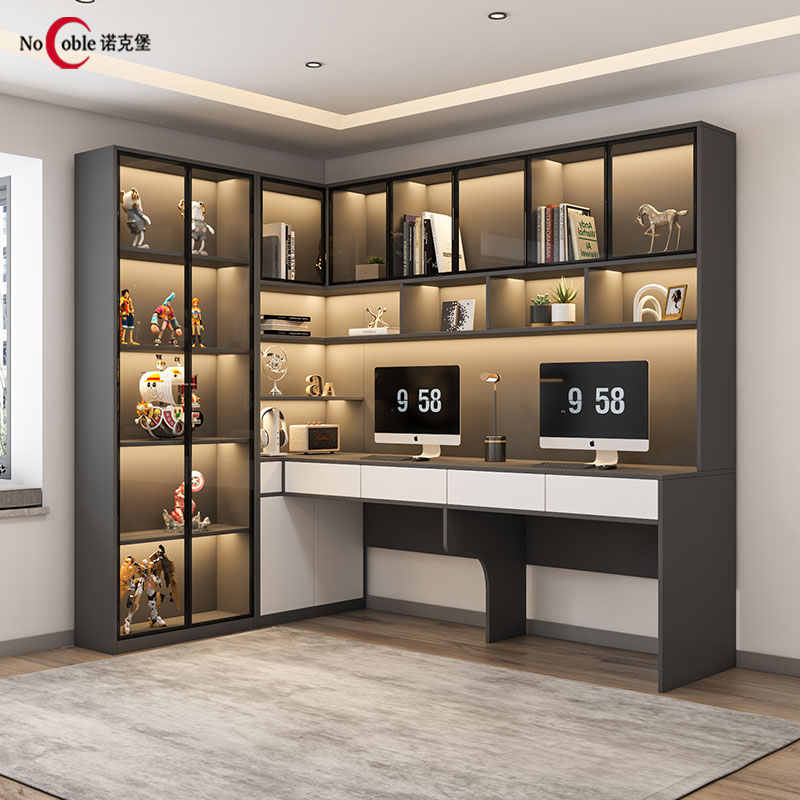 双人电脑桌书架学习桌一体