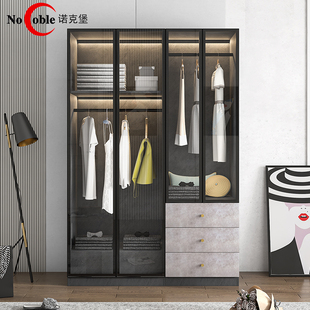 轻奢简约玻璃门大衣柜家用卧室收纳板式 柜组合定制衣橱衣帽间组装