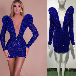 2022年新款蓝色V领网纱亮片长袖包臀连衣裙休闲高端聚会婚礼晚装