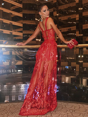 红色透视绣花吊带长裙欧美晚礼服